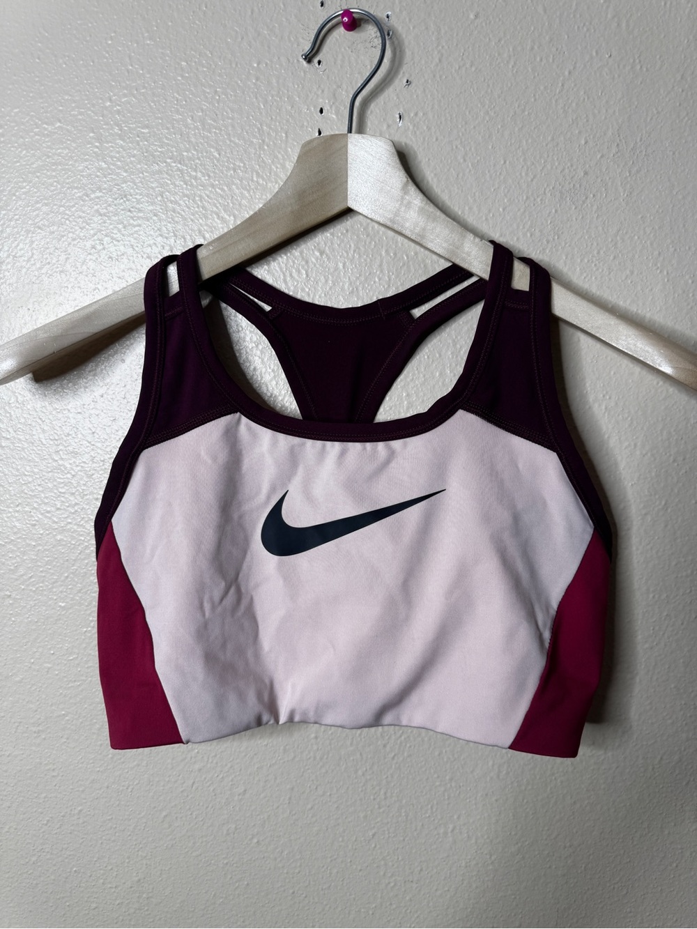 Nike Dri Fit Sports Bra Womens Large Pink Burgundy Colorblock Strappy Racerback